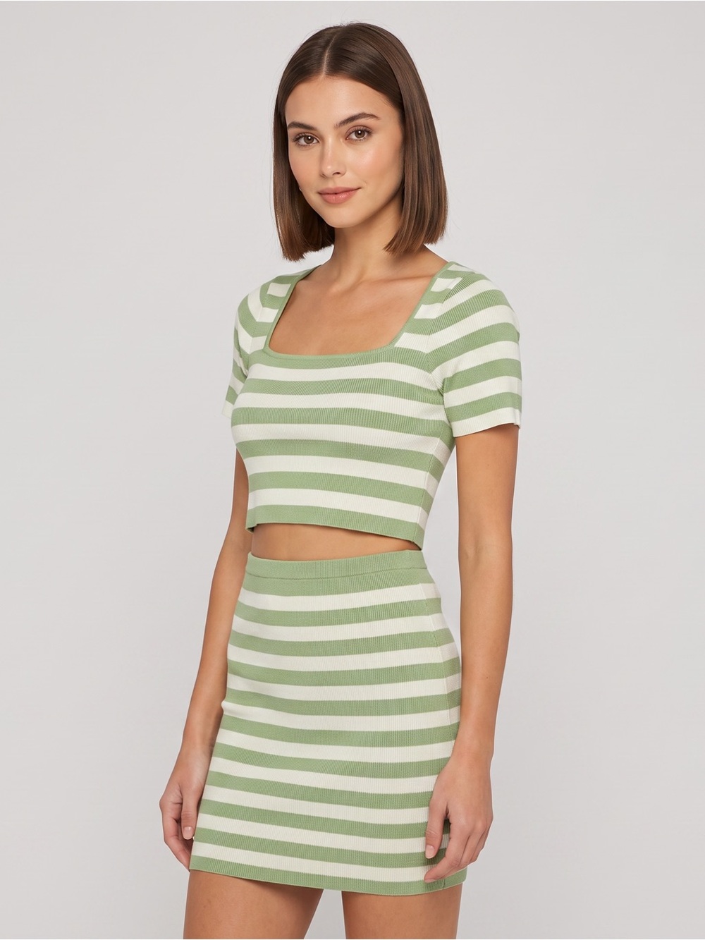 NWOT Green White Cabana Stripe Knit Crop Top & Mini Skirt Set Resort Beach Casua